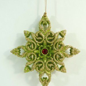 Christmas Tree Ornament Green Glitter Red Jewel Fancy Star Geometric Holiday